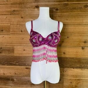 Y2K Pink sequin and beaded belly dancing  bra top with fringe